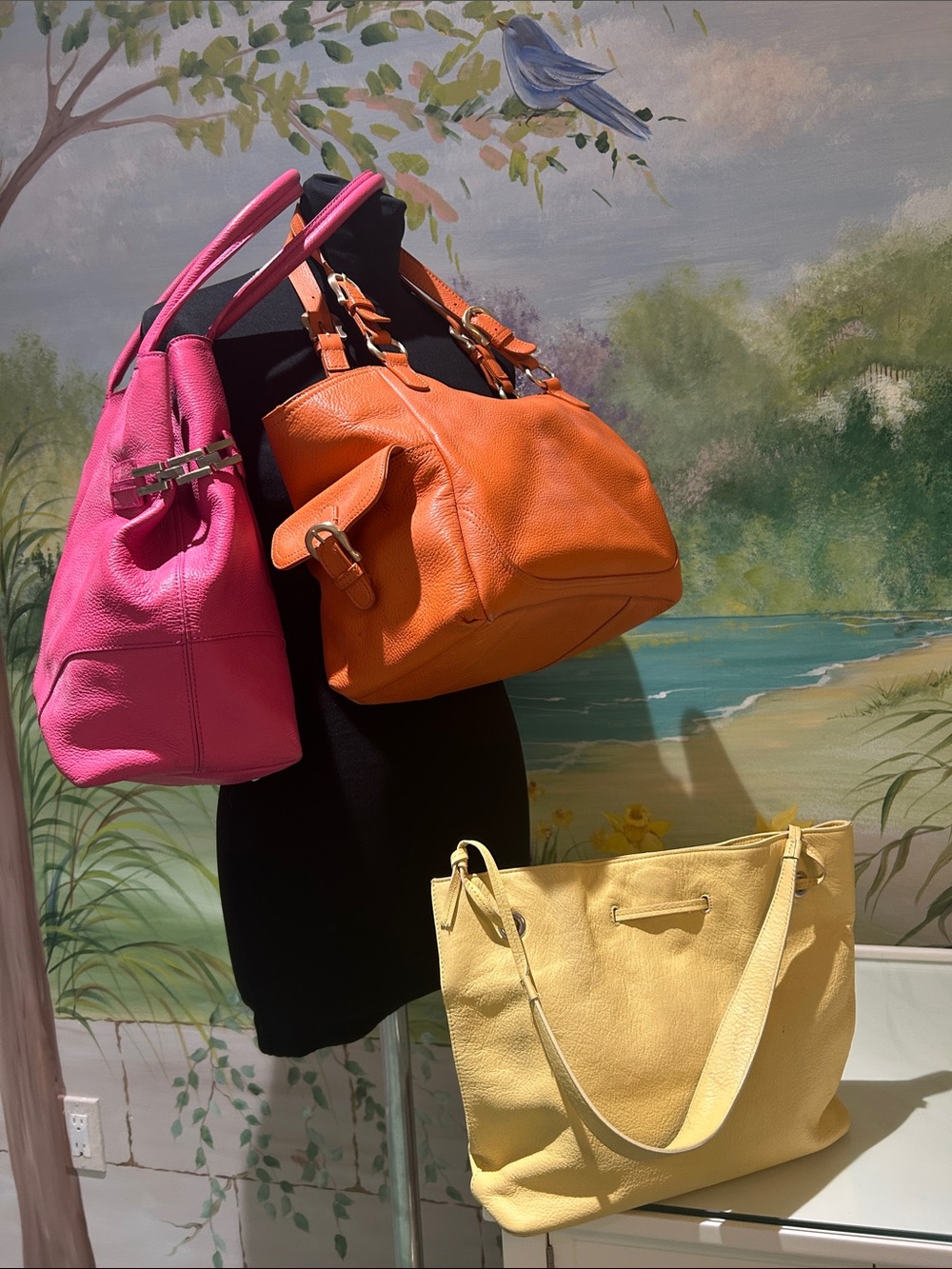 Lot of 3 Talbots Pebbled Leather Tote/Shoulder Bag Set - Pink, Orange, Yellow